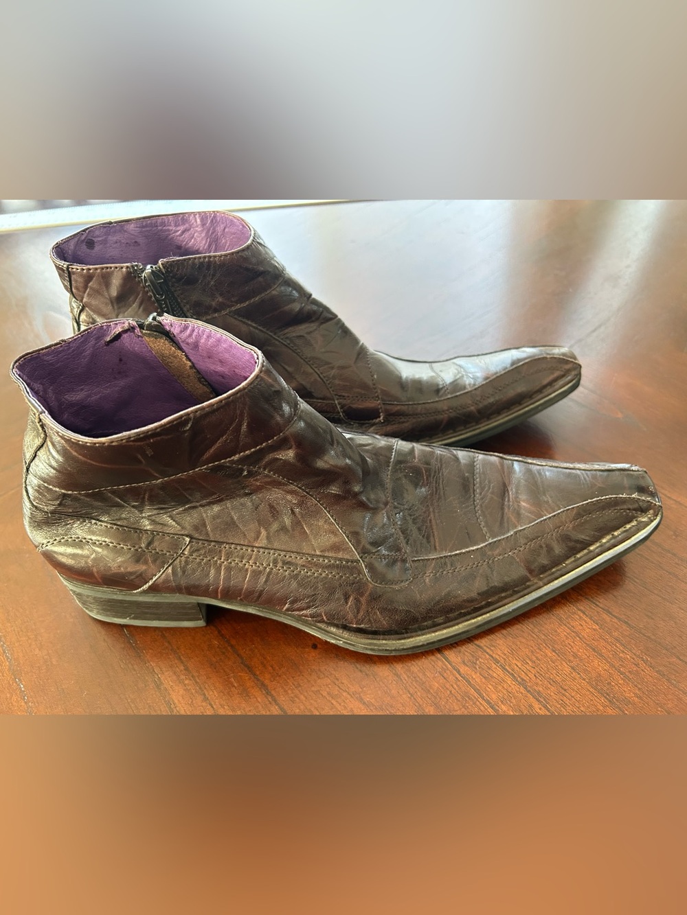Giorgio Brutini Brown Leather Pointed Ankle Boots with Purple Lining size 11